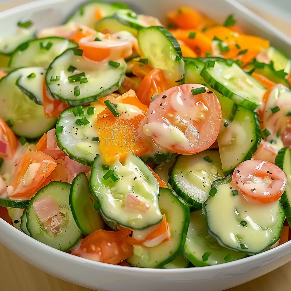 Salade fraîche de tomates et concombres nappée de sauce au yaourt.