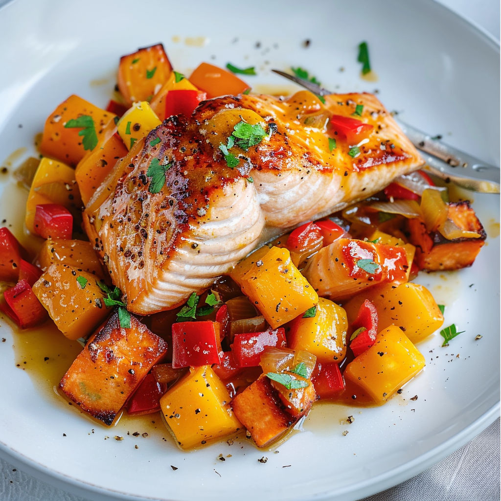 Filets de saumon au chutney de mangue, accompagnés de légumes savoureux.