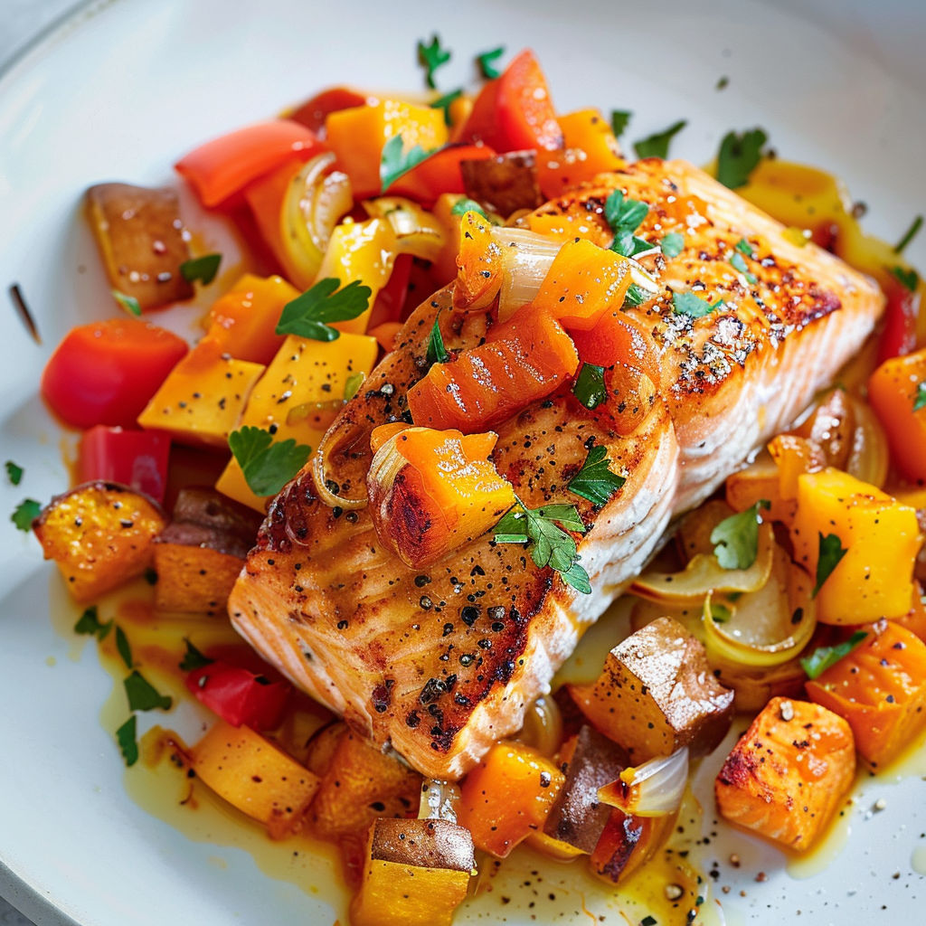 Saumon caramélisé au chutney de mangue et légumes rôtis, gourmand et plein de couleurs.