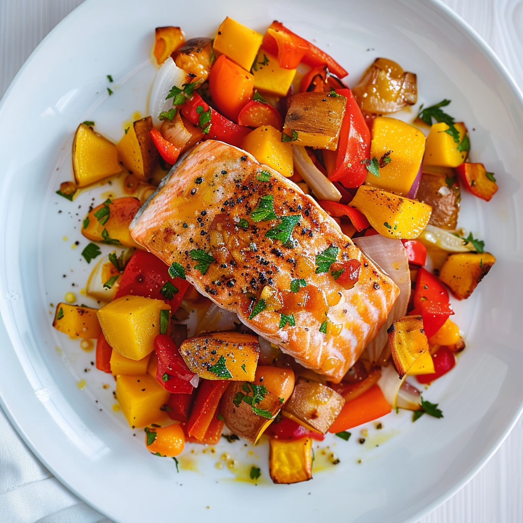 Assiette colorée de saumon laqué, légumes rôtis et pavés de saumon bien gourmands.
