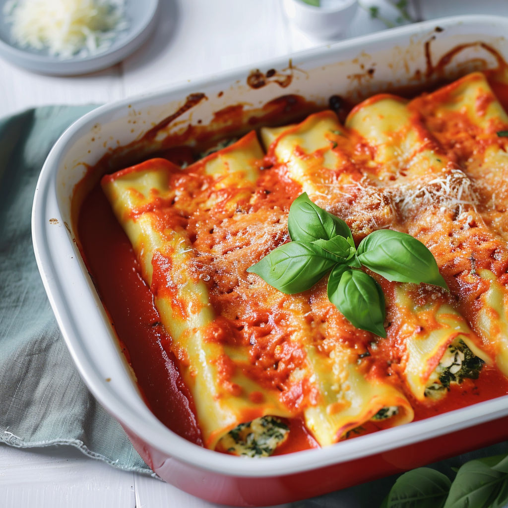 Un plat alléchant de cannellonis garnis de ricotta et d’épinards, nappés de sauce rosée.