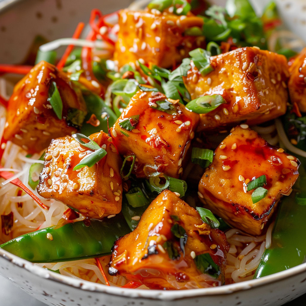 Un bol coloré avec des légumes verts croquants, du tofu sauté et des vermicelles de riz, prêt à être dégusté.