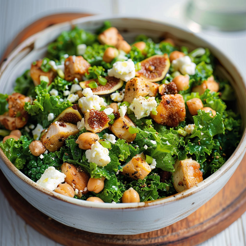 Kale avec poulet doré et figues, accompagné de légumes frais, un plat appétissant et nutritif.