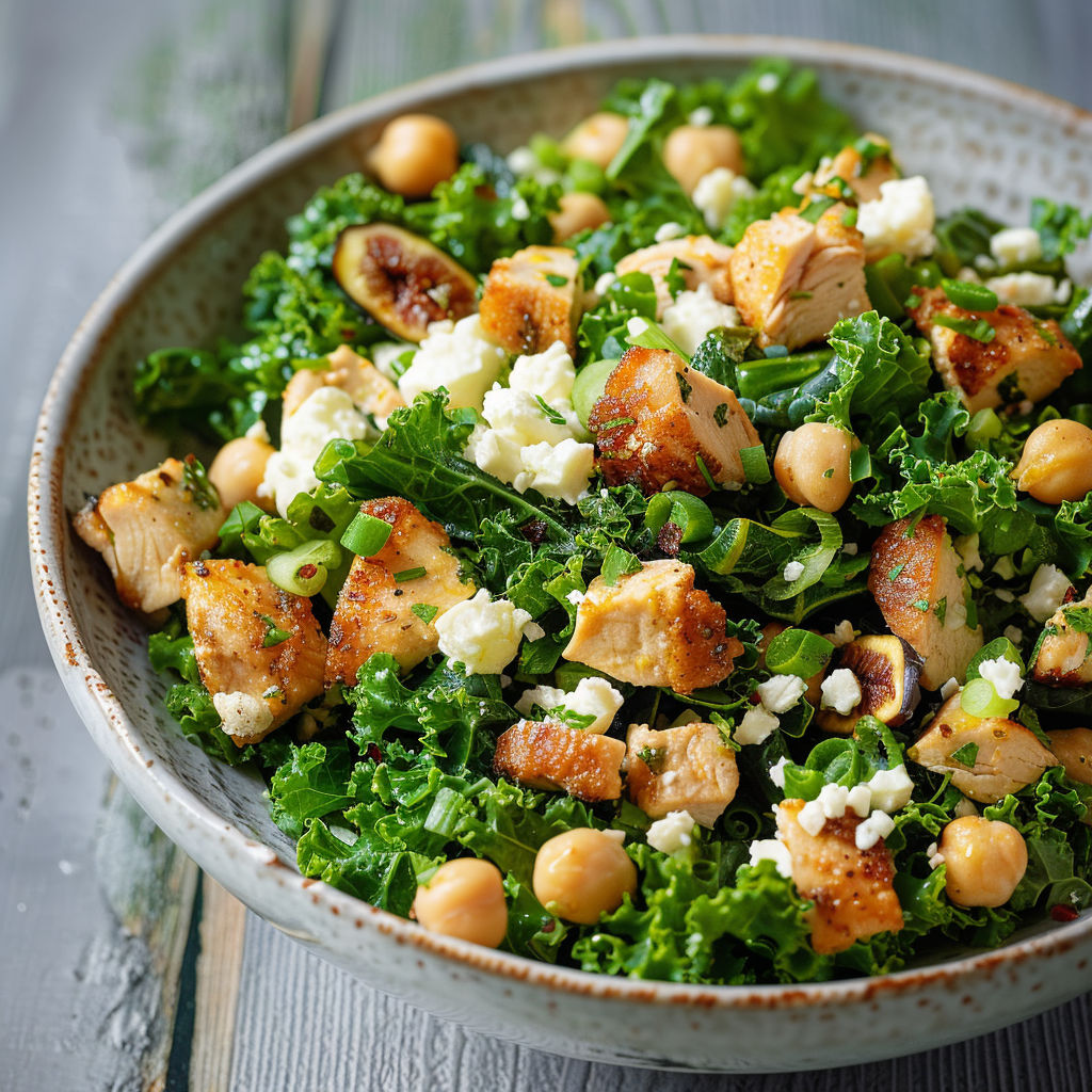 Salade de poulet avec pois chiches, tomates et légumes verts, quelques herbes fraîches et avocat, servie dans une grande assiette.