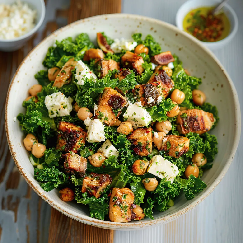 Bol de salade mêlant chou, poulet, légumes verts et graines, le tout présenté joliment dans de la céramique.
