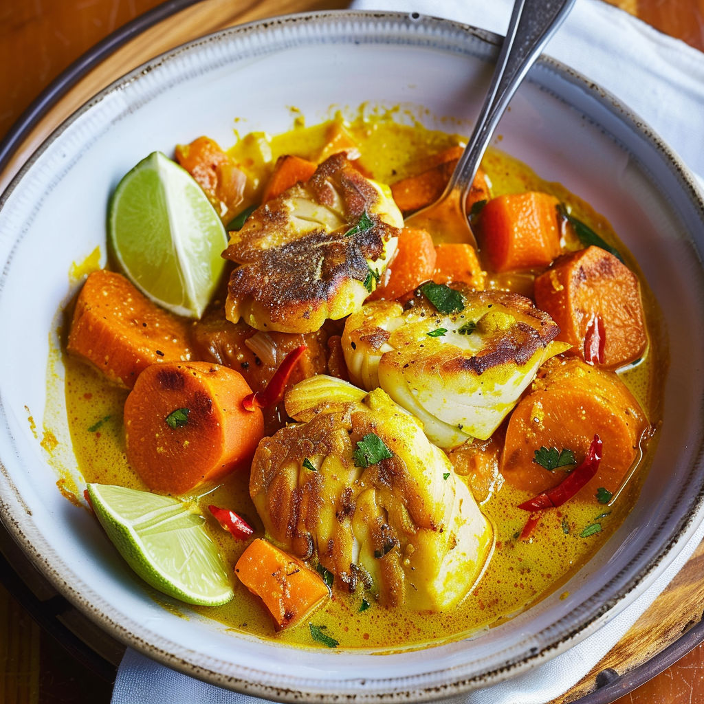 Une assiette mêlant poisson, carottes, citron vert et autres légumes colorés.