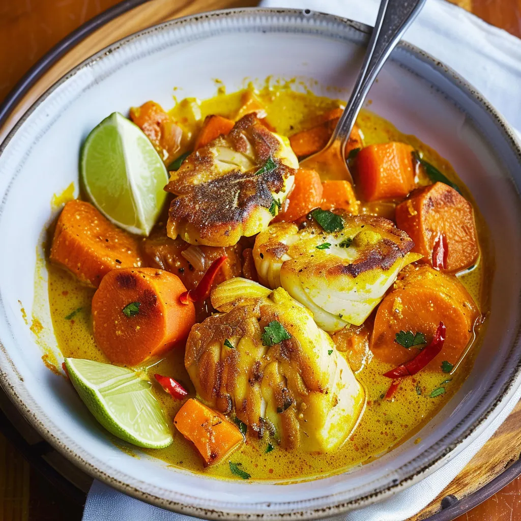 Une assiette mêlant poisson, carottes, citron vert et autres légumes colorés.