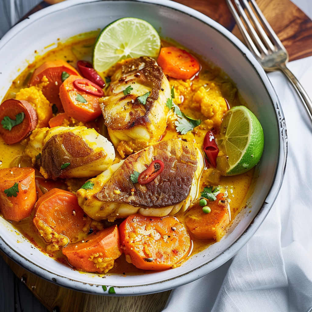 Assiette de poisson avec légumes, carottes, tomates et quartiers de citron vert, posée sur la table.