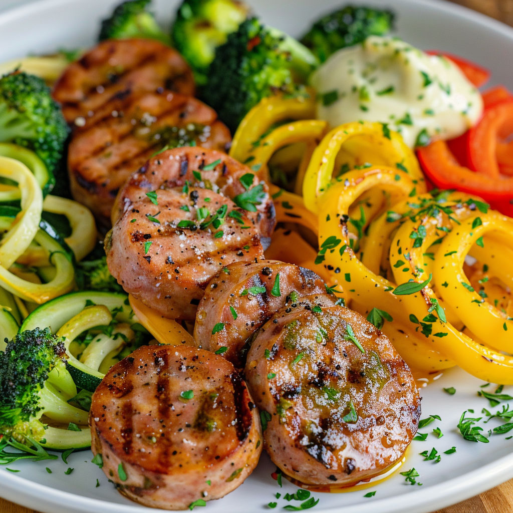 Une salade avec viande grillée et des légumes verts, poivrons et courgettes.