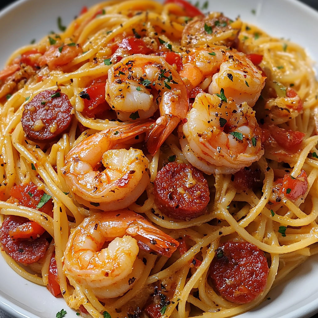 Un plat de spaghetti chorizo-crevettes, décoré d’herbes et de tomates, sur une table.