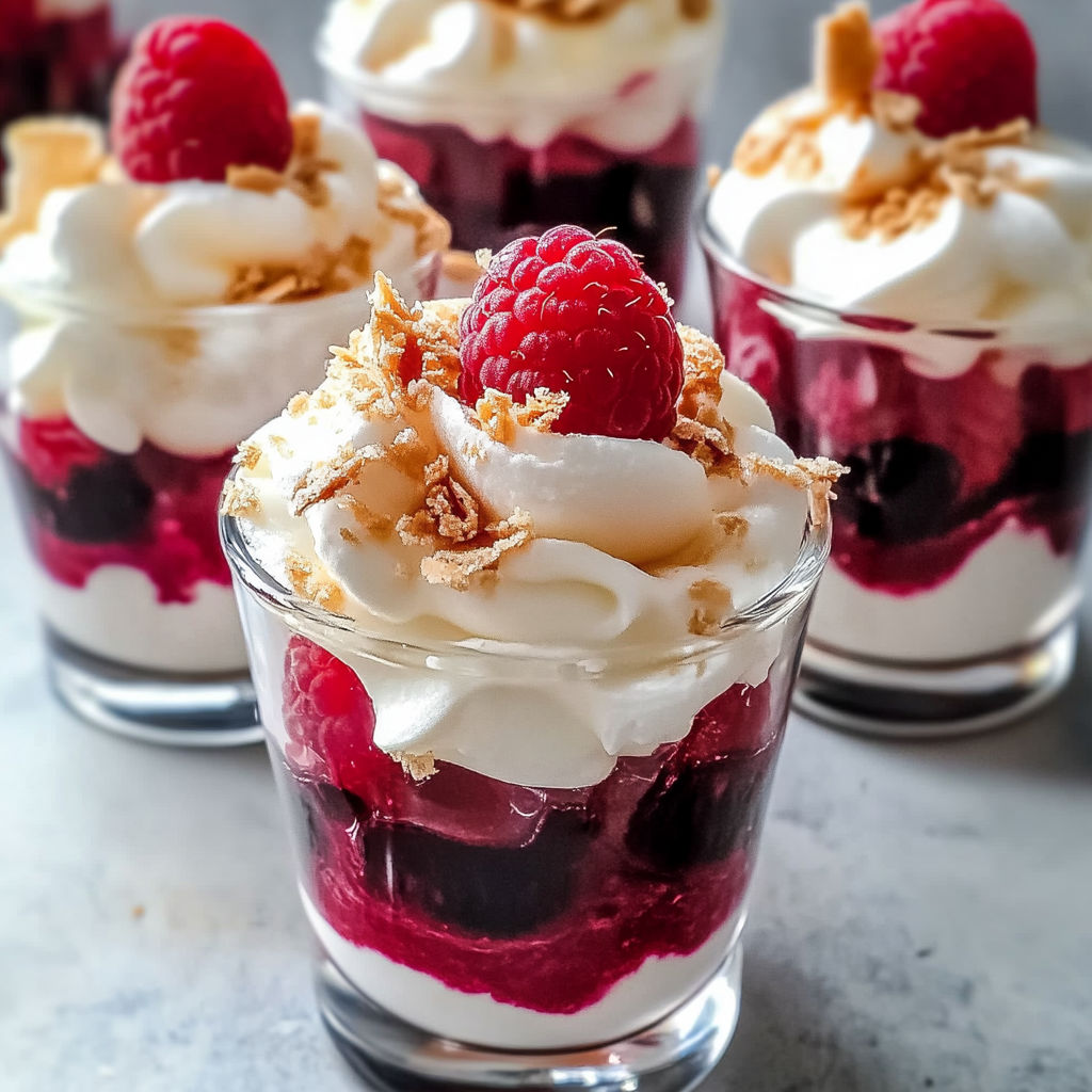 Desserts dans de petits verres, garnis d’une crème blanche et nappés de framboises.
