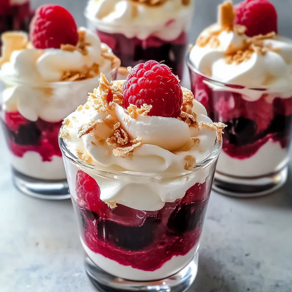 Desserts dans de petits verres, garnis d’une crème blanche et nappés de framboises.