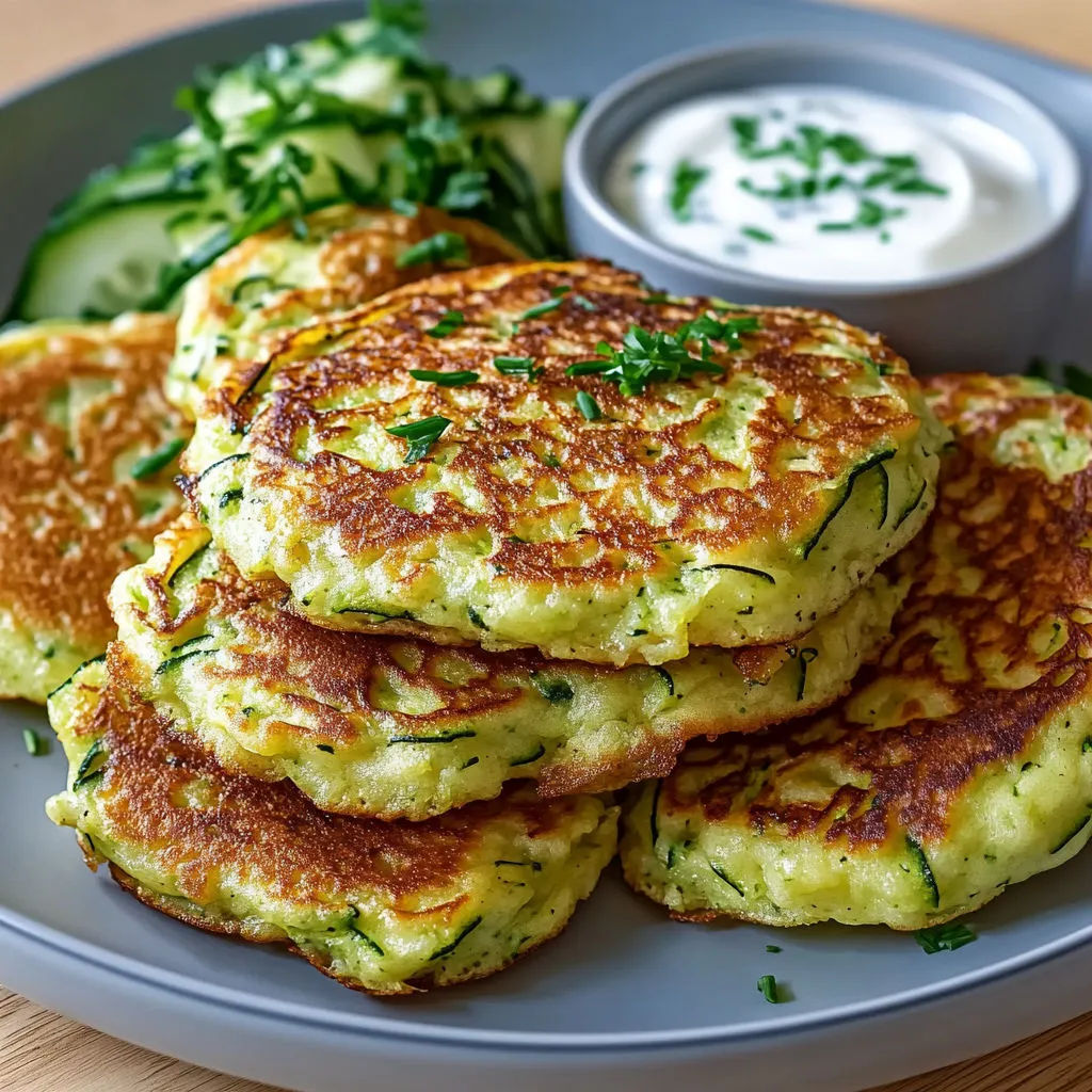 Une pile de pancakes de courgette posée sur un plateau.