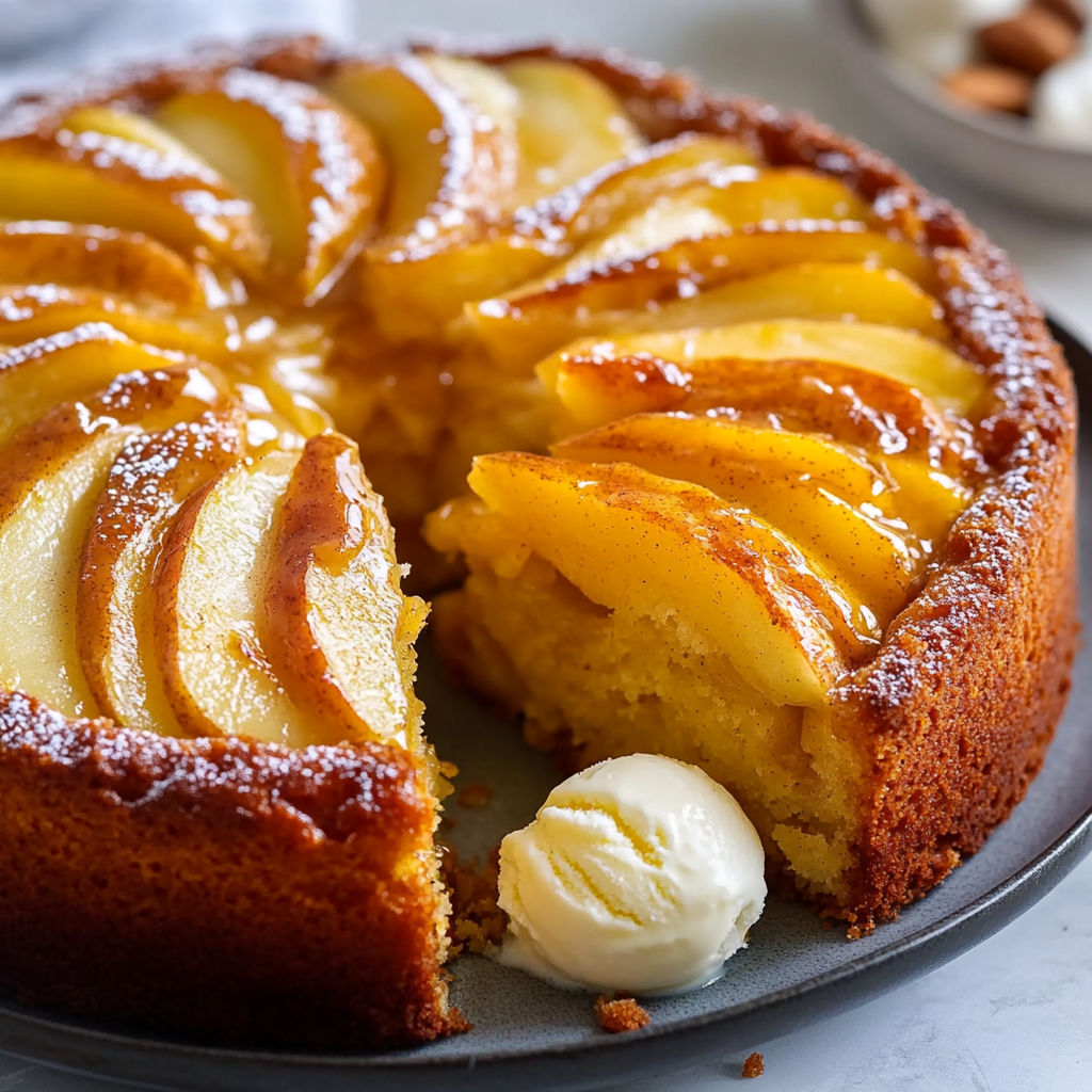 Un gâteau gourmand aux pommes fondantes, prêt à être savouré.