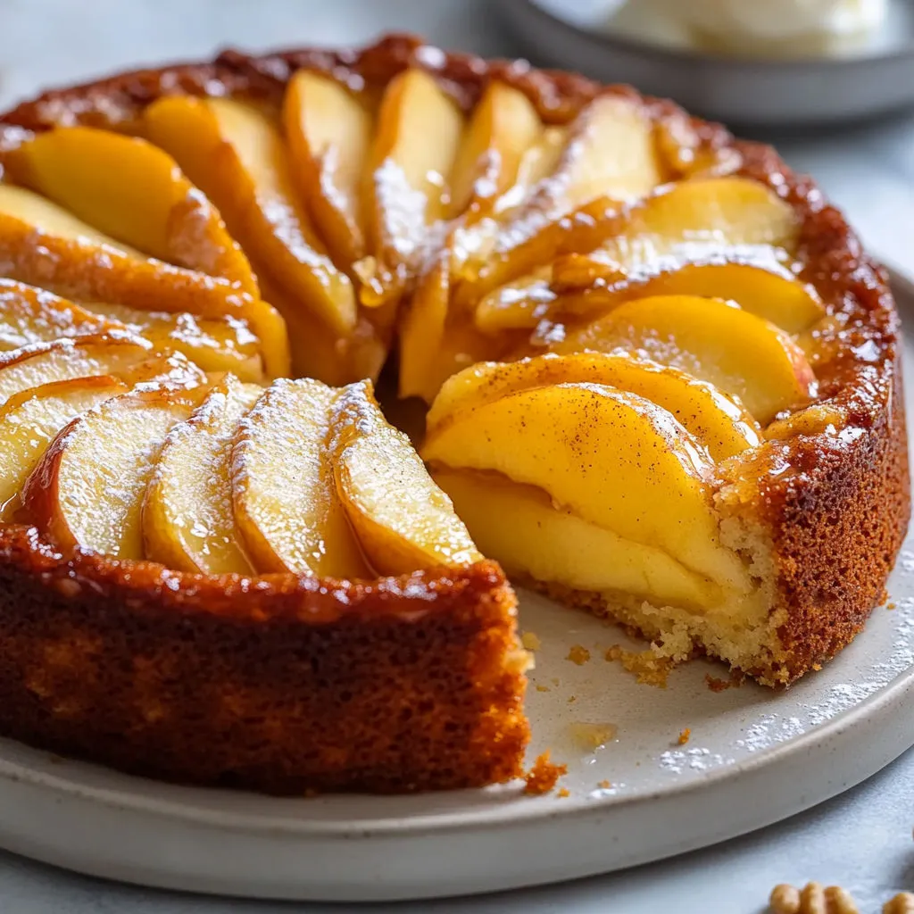 Une part généreuse d’un gâteau aux pommes très moelleux faite maison.