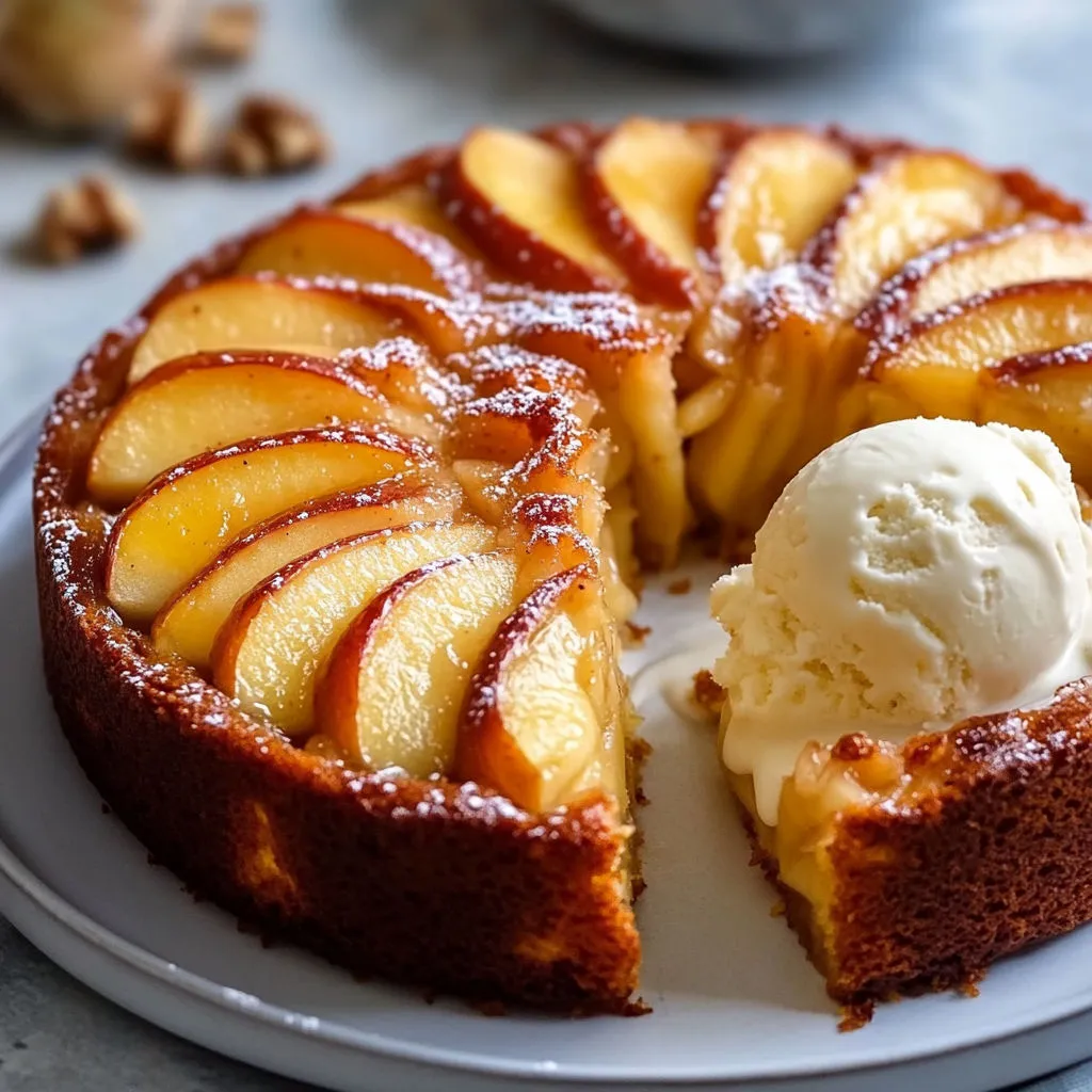 Un gâteau pomme-cannelle tout moelleux, avec boule de glace vanille à côté.