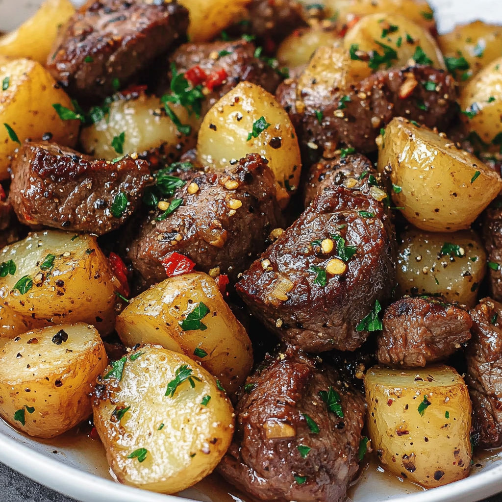 Steak et pommes de terre sautées avec herbes, servis dans une assiette.