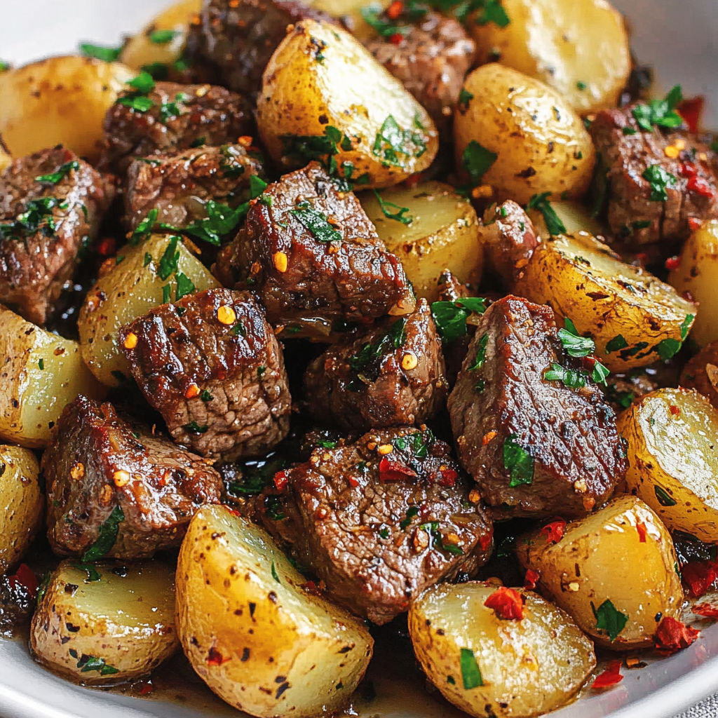 Un bon plat de steak avec pommes de terre et herbes.