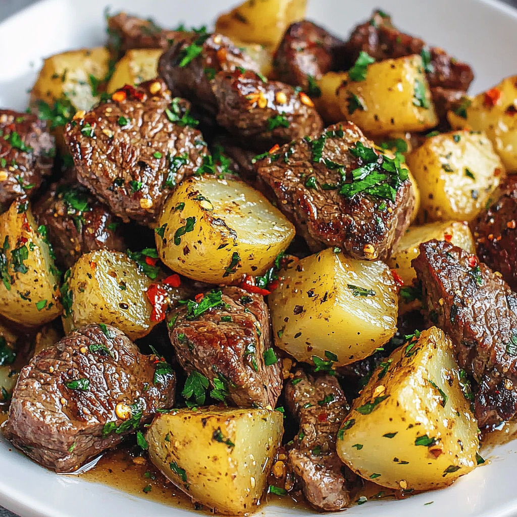 Une belle assiette de bœuf, pommes de terre et fines herbes.