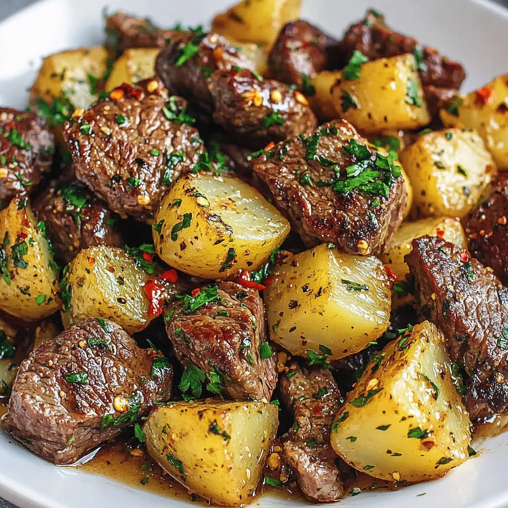 Une belle assiette de bœuf, pommes de terre et fines herbes.