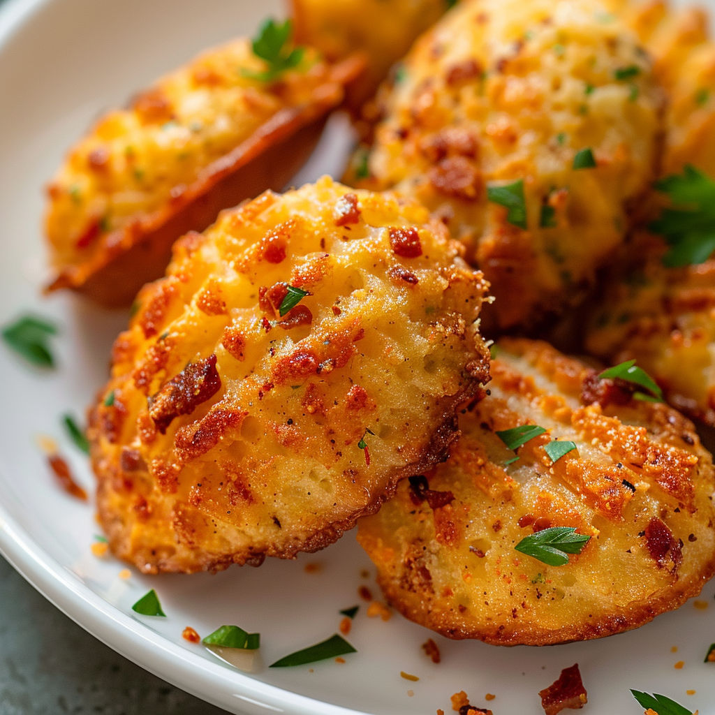 Des croquettes aux pommes de terre empilées avec des herbes sur le dessus.