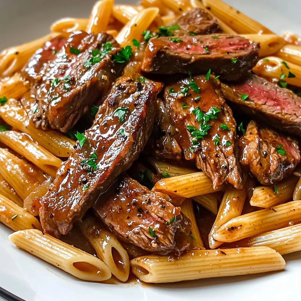 Un plat de penne aux steaks grillés et aux herbes fraîches.