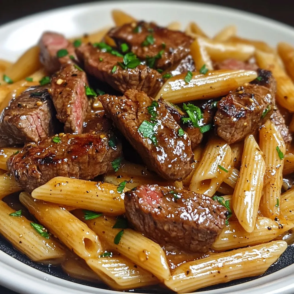 Steak et Penne à la sauce tomate : des penne avec morceaux de steak grillé, sauce tomate et herbes fraîches.