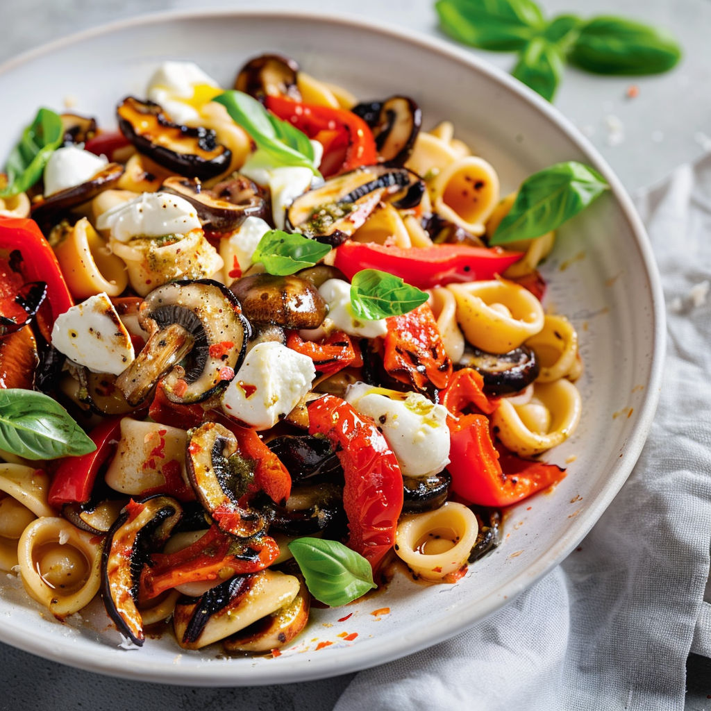 Des pâtes froides mélangées avec des légumes grillés et du basilic.