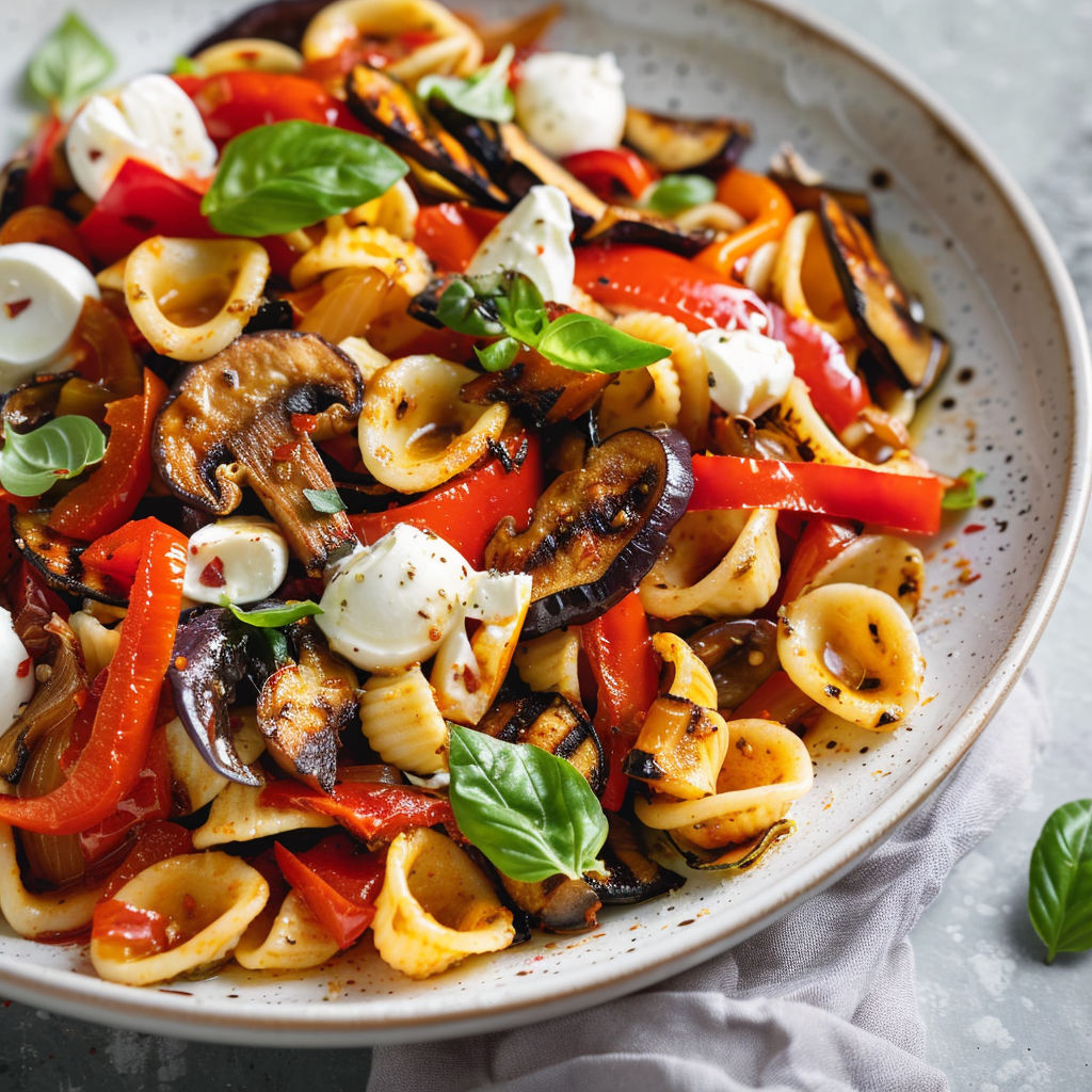 Plat de pâtes avec tomates, basilic et sauce fromage épicée et crémeuse.