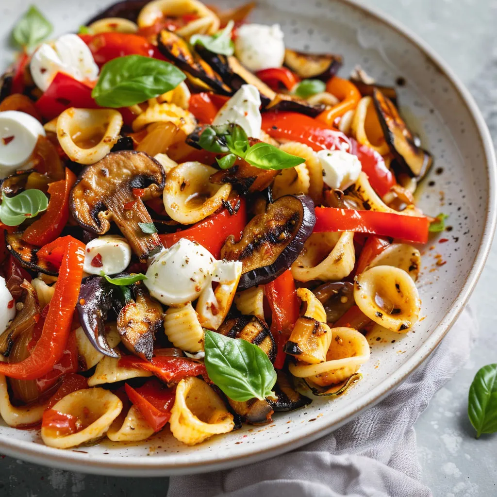 Plat de pâtes avec tomates, basilic et sauce fromage épicée et crémeuse.