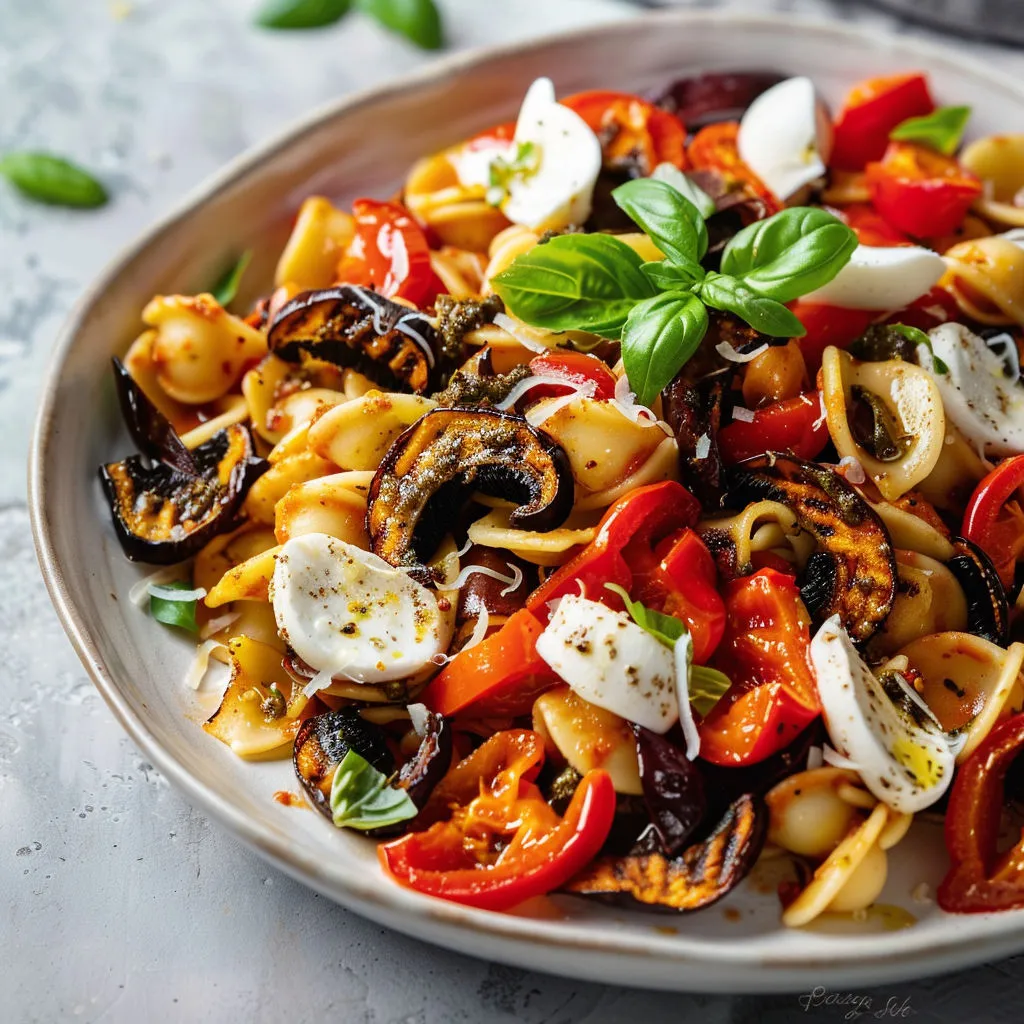 Pâtes froides, tomates colorées et herbes fraîches dans une assiette conviviale.