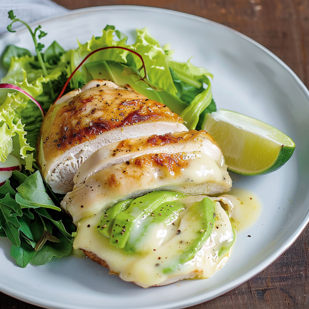 Salade avec poulet grillé, légumes verts et avocat.