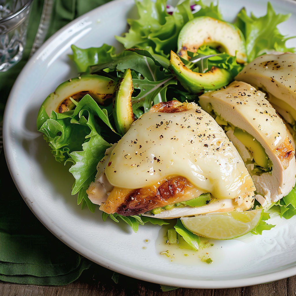 Salade avec poulet grillé, légumes verts et avocat.