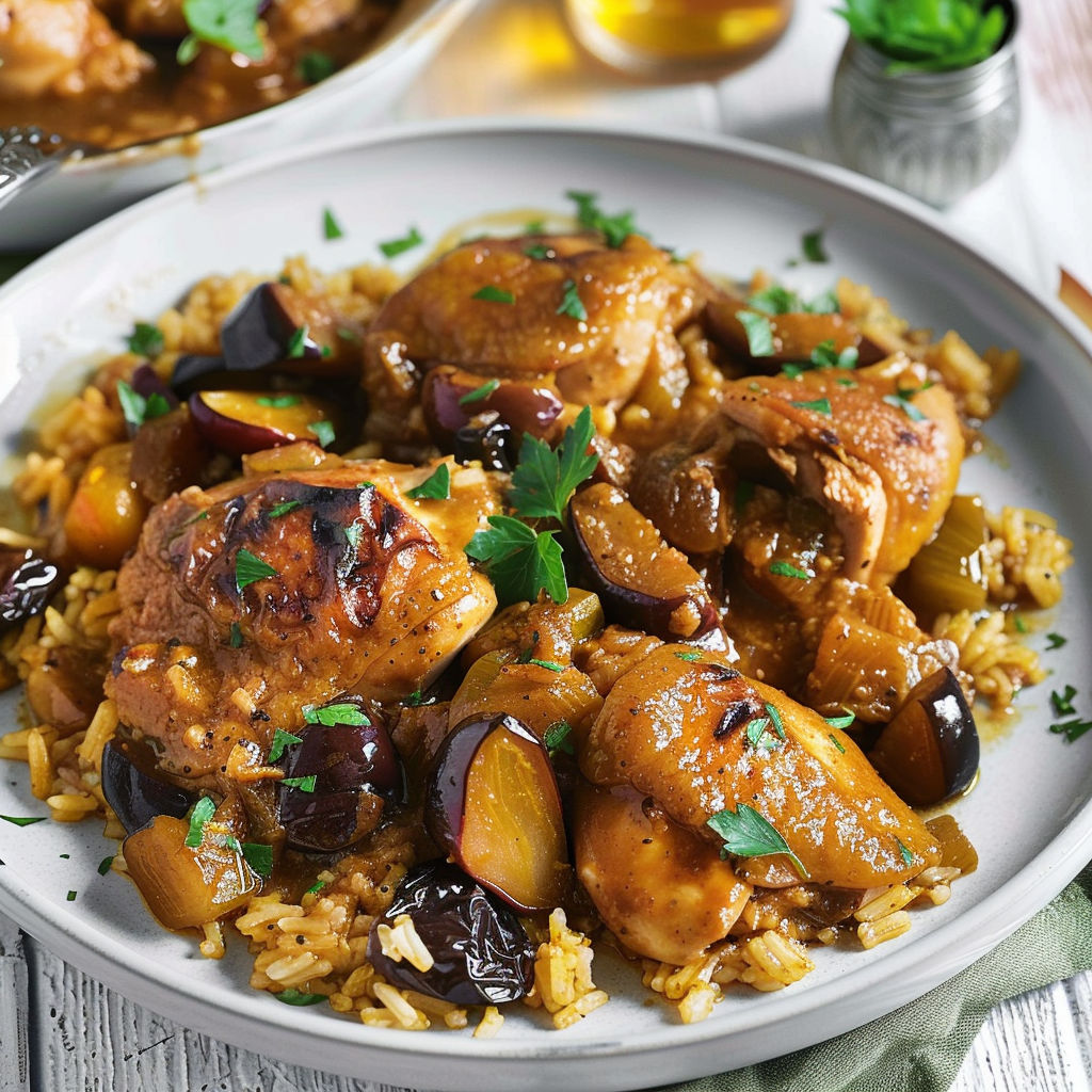 Un plat de poulet et riz garni de fruits secs et de persil frais.