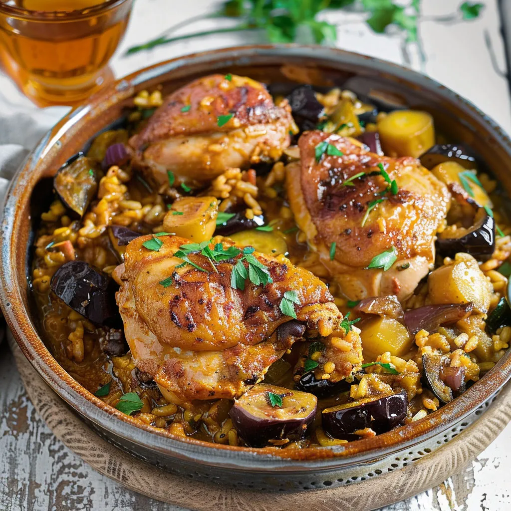 Un plat de poulet doré entouré de légumes savoureux et d’herbes fraîches.