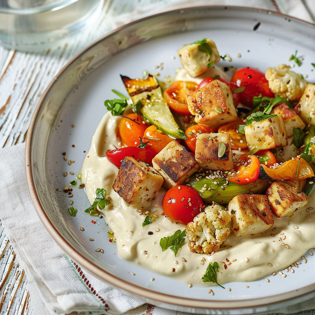 Un mélange coloré de tofu, légumes grillés et houmous crémeux au yogourt.