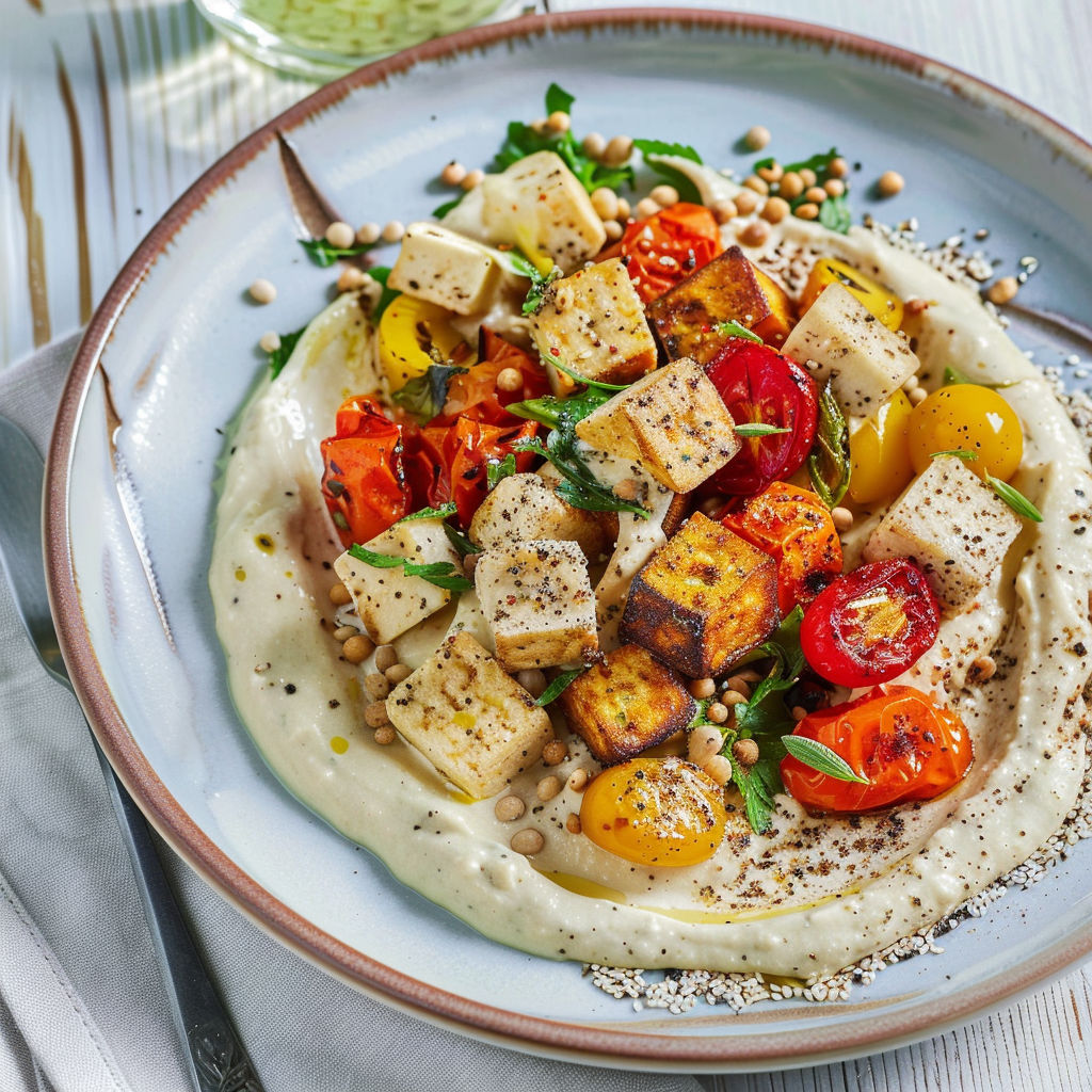 Plat de tofu grillé avec légumes croquants sur un lit de houmous crémeux.