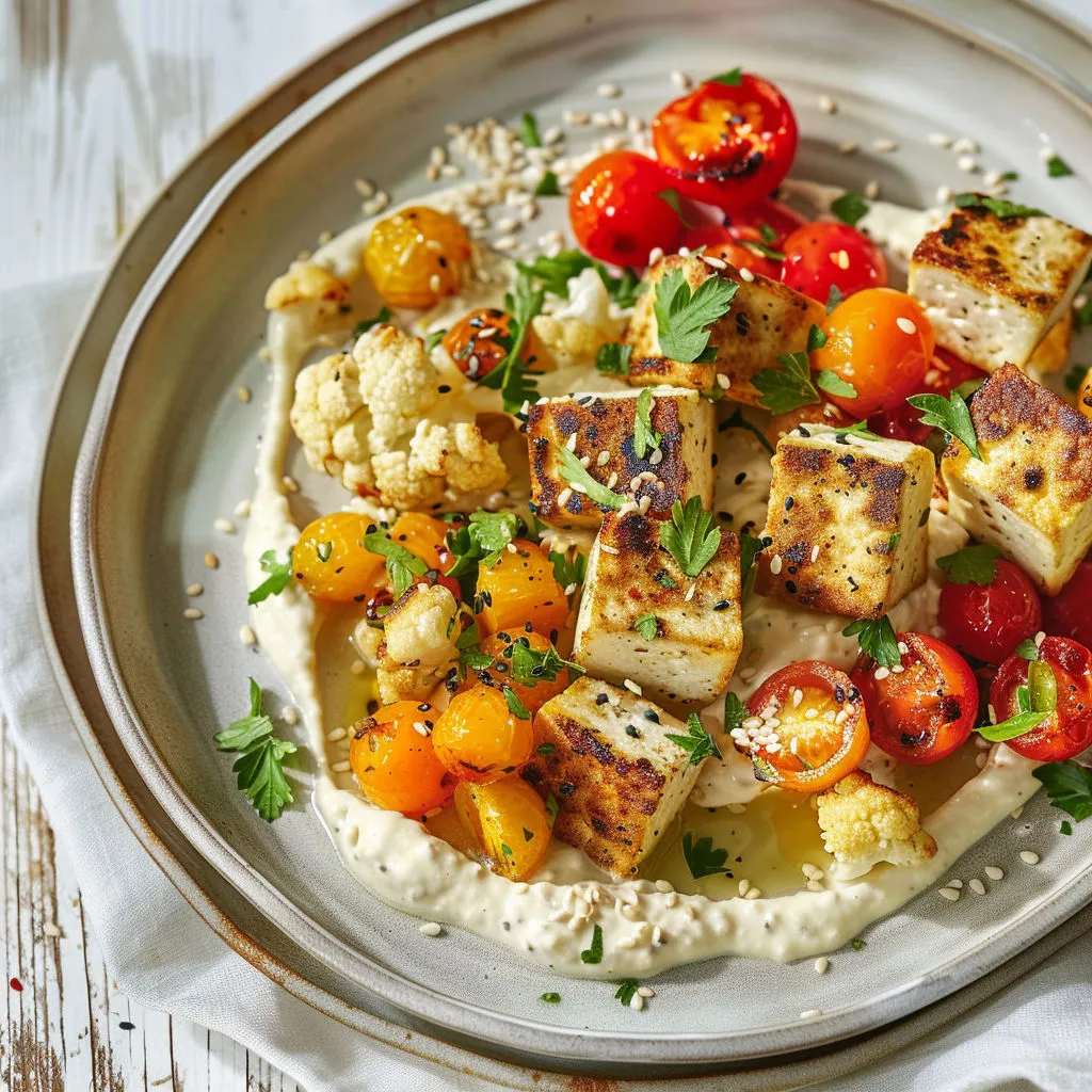 Wok Végétarien houmous yaourt, chou-fleur tofu, légumes croquants et graines.