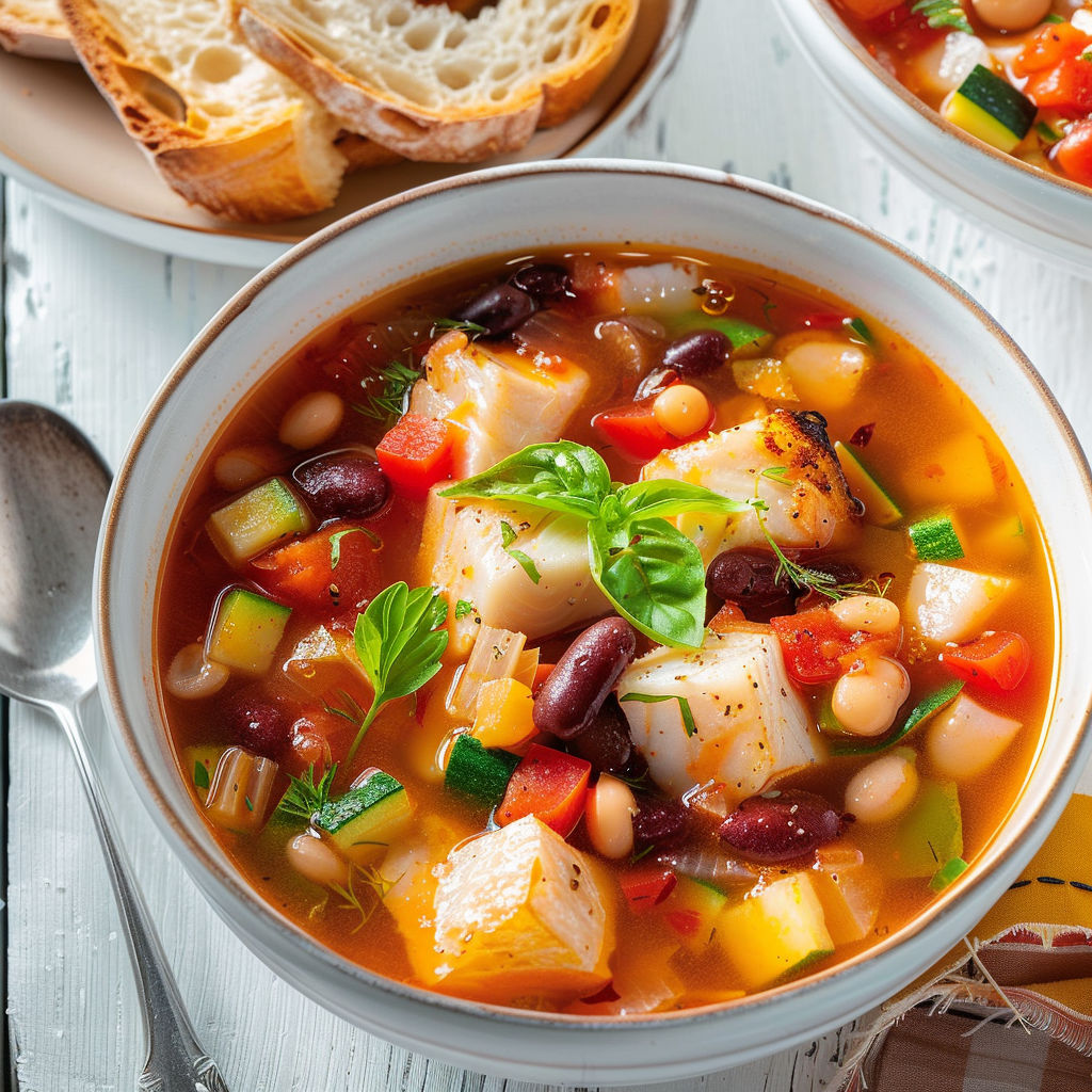 Un bol de soupe au poisson et fenouil accompagné de pain grillé et viande sur la table.
