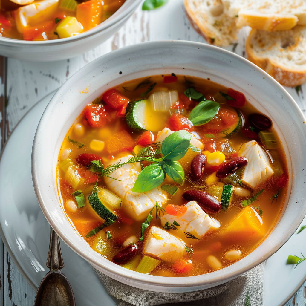 Un bol fumant rempli de légumes et poisson, servi avec pain grillé.