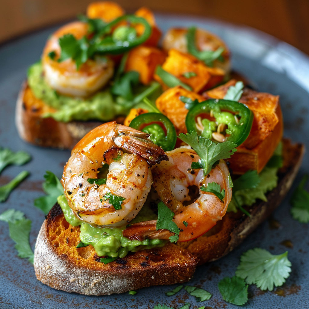 Une tartine garnie d'avocat, de patate douce et de crevettes, joliment présentée sur un plateau.