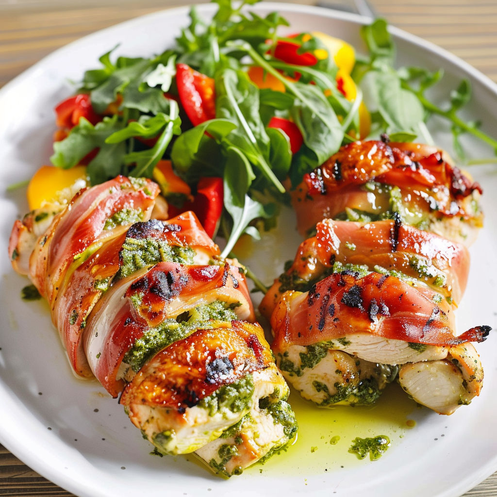 Une assiette de poulet grillé accompagné de légumes verts et d’herbes fraîches.