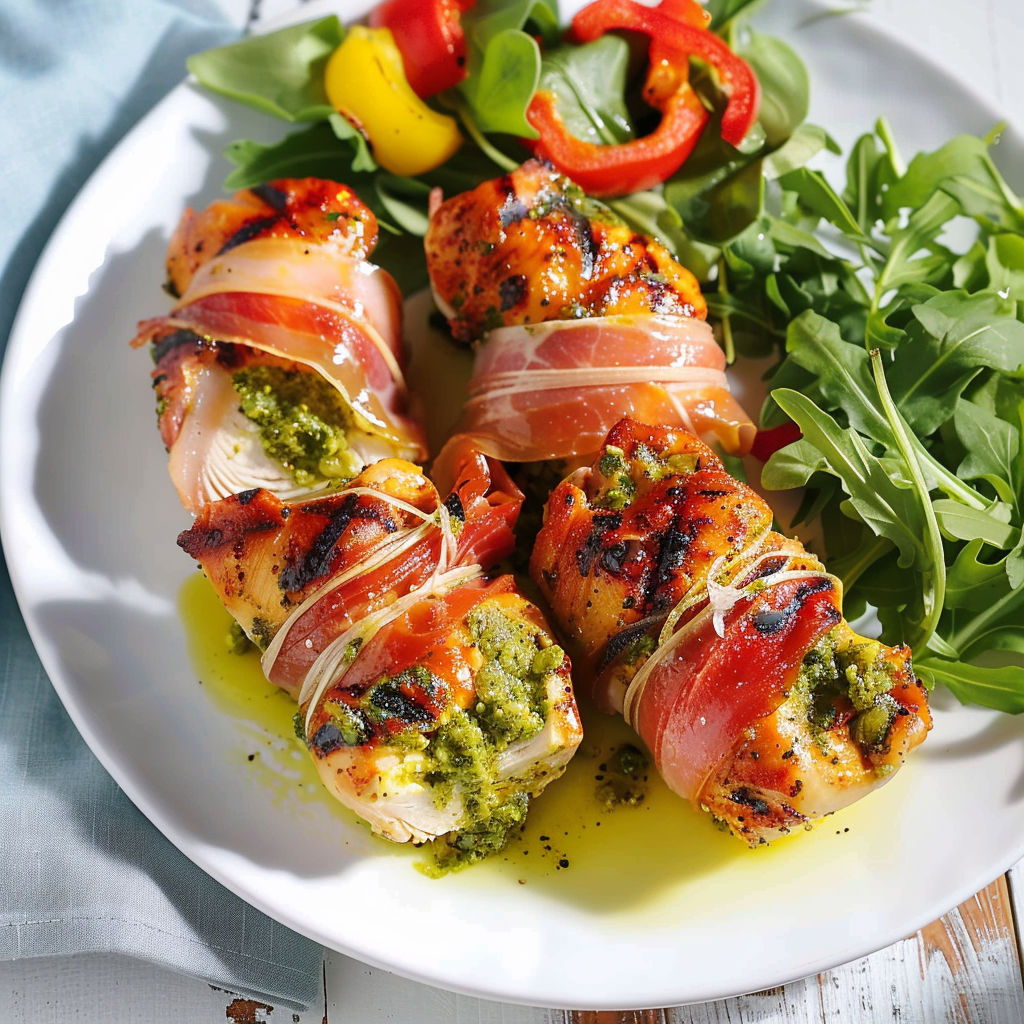 Ballotins de poulet grillé sur barbecue, entourés de légumes verts et tomates, sur un plateau ensoleillé.