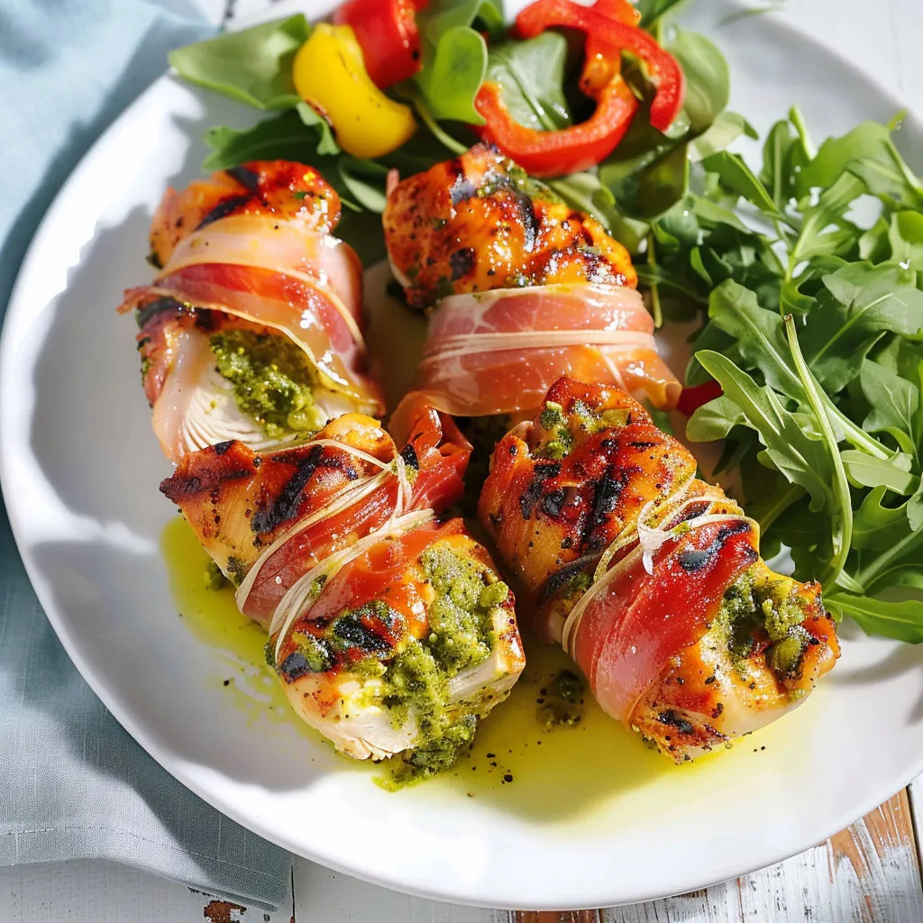 Ballotins de poulet grillé sur barbecue, entourés de légumes verts et tomates, sur un plateau ensoleillé.