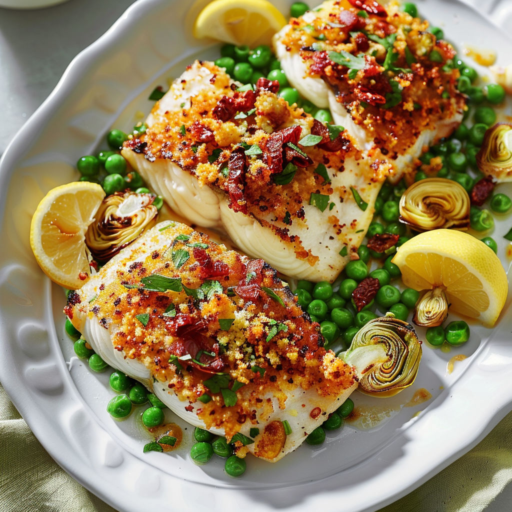 Filet de poisson croquant accompagné de légumes verts et d'herbes sur un plateau, citron en option.