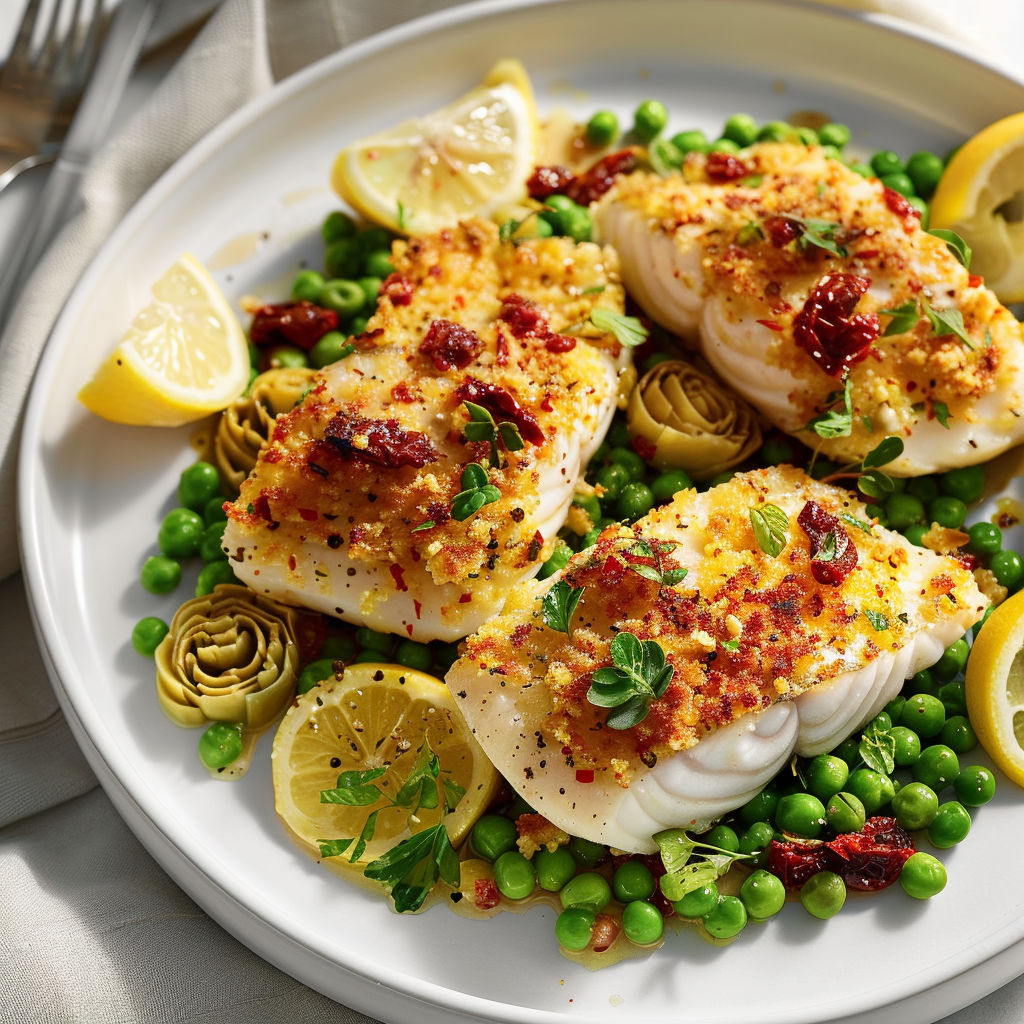 Assiette de poisson croustillant agrémentée de citron.