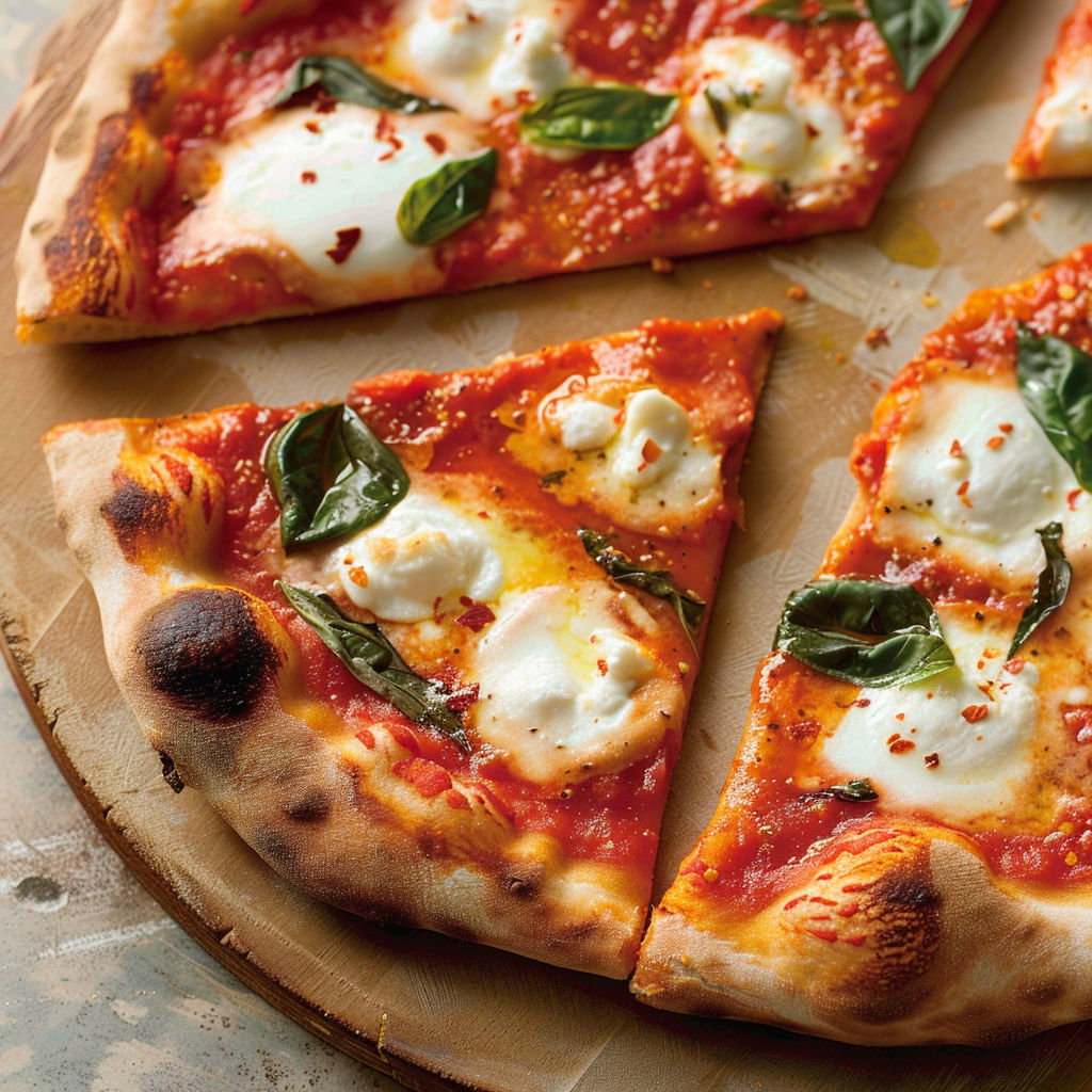 Une Margherita avec pâte fine, servie sur une planche.