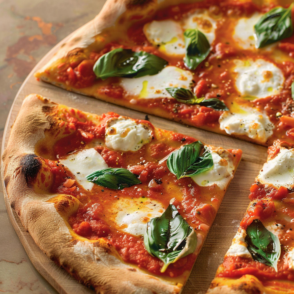 Pizza Margherita ultra fine sur son plateau, avec tomates et basilic frais.