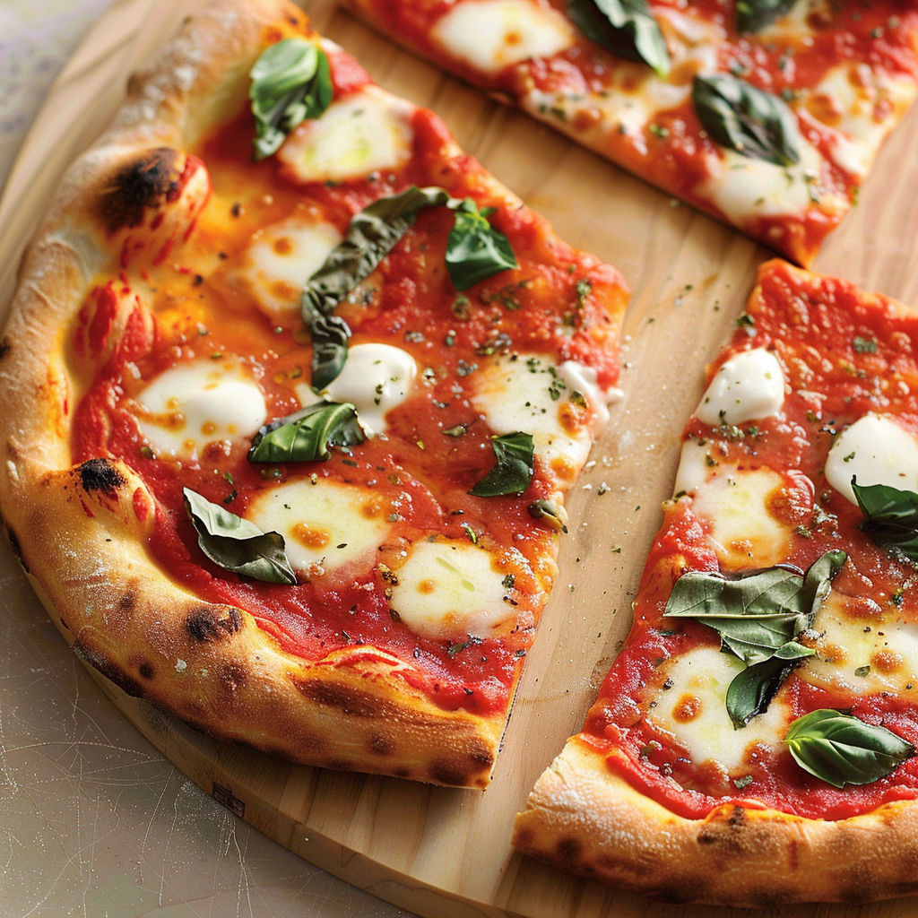 Pizza Margherita maison avec basilic bien frais.