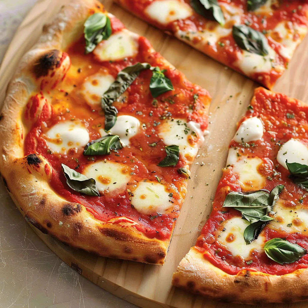 Pizza Margherita maison avec basilic bien frais.